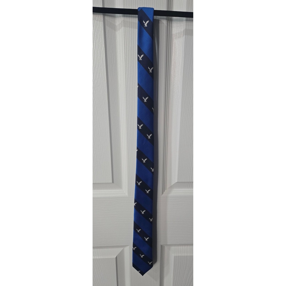 American Eagle Outfitters Mens Blue Striped Eagle Logo Necktie 60 Inch Length